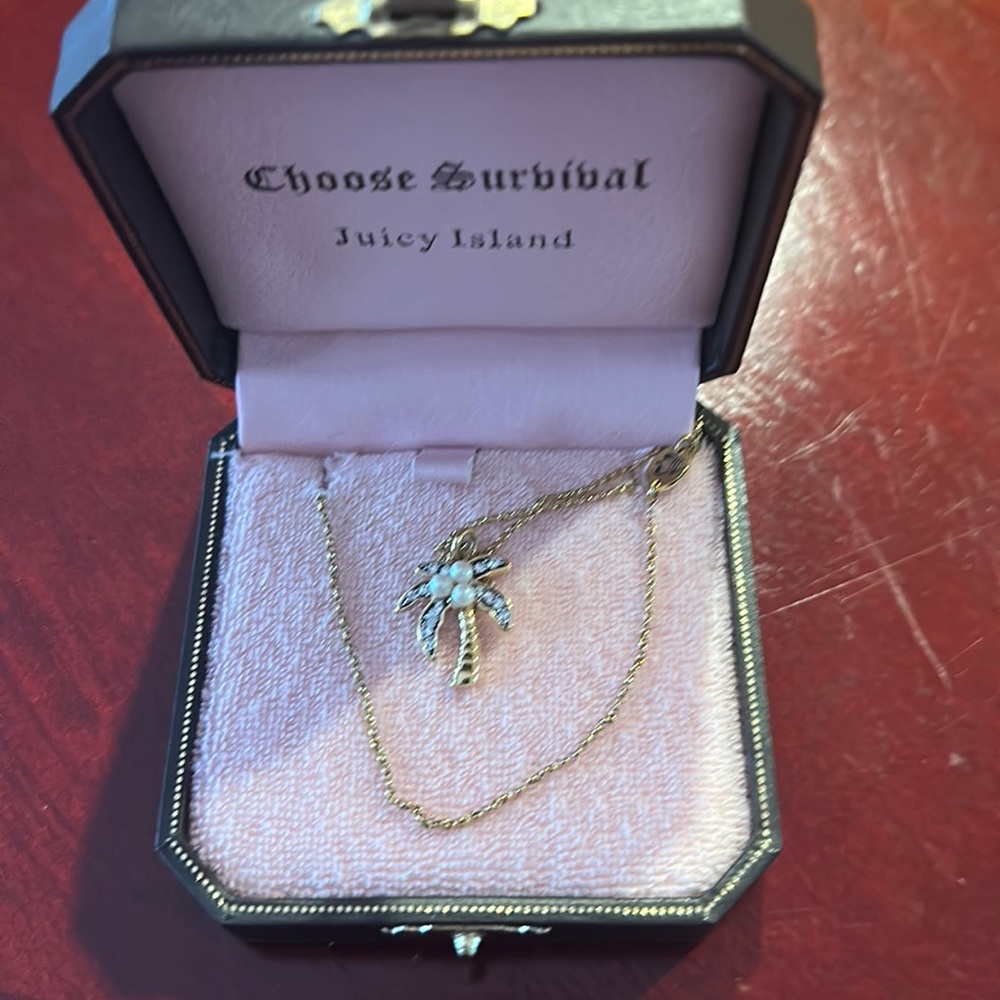Juicy Couture Palm Tree Rhinestones & Faux Pearl Coconuts Necklace . Gold-Tone.